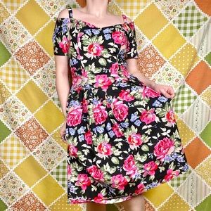 Vintage 80s black, pink & blue floral off shoulder pleated dress 🌹